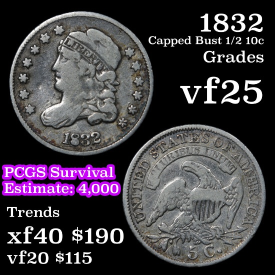 1832 Capped Bust Half Dime 1/2 10c Grades vf+
