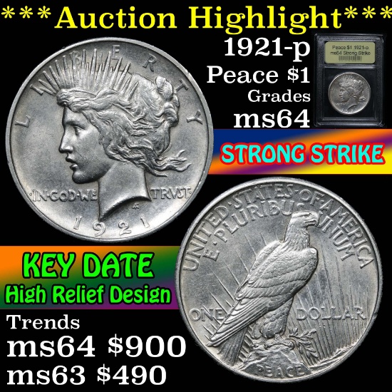 ***Auction Highlight*** 1921-p Strong Strike Peace Dollar $1 Graded Choice Unc by USCG (fc)