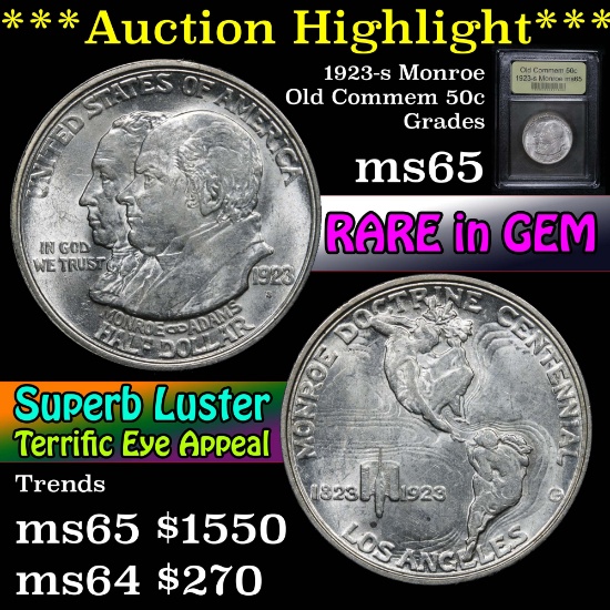 ***Auction Highlight*** 1923-s Monroe Old Commem Half Dollar 50c Graded GEM Unc by USCG (fc)