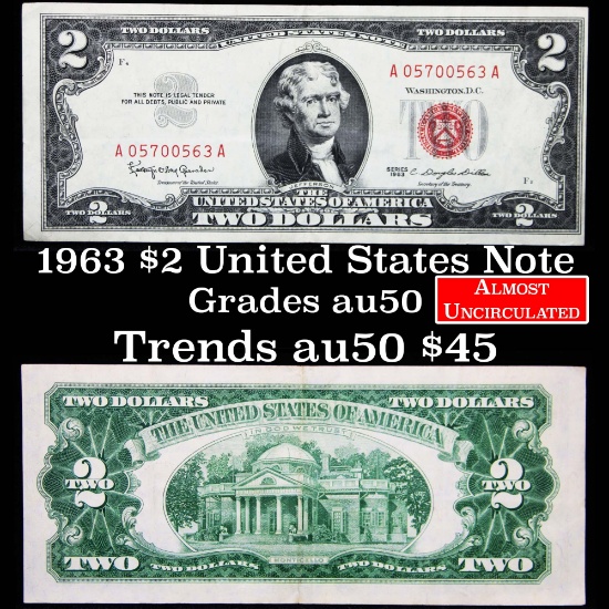 1963 $2 Red seal United States note Grades AU, Almost Unc