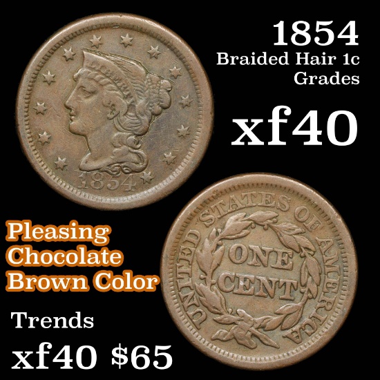 1854 Braided Hair Large Cent 1c Grades xf
