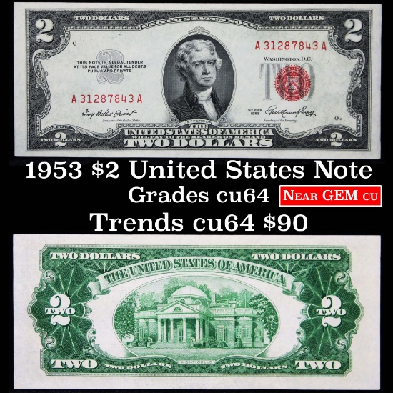 1953 $2 Red Seal United States Note Grades Choice CU