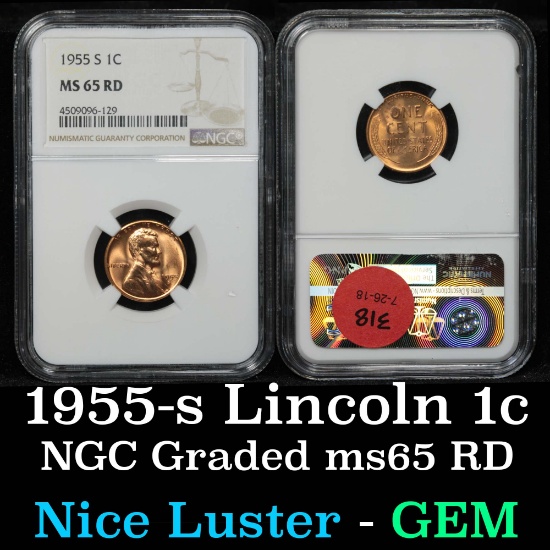 NGC 1955-s Lincoln Cent 1c Graded ms65 RD By NGC