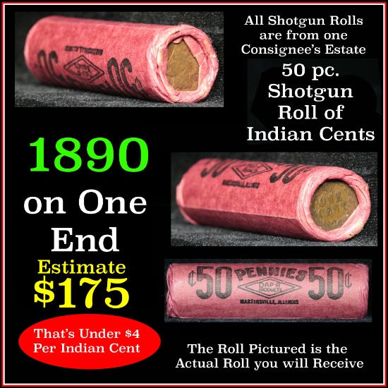 Indian Head Penny 1c Shotgun Roll, 1890 on one end, reverse on the other