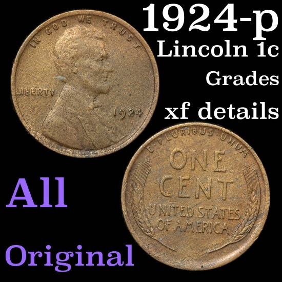 1924-p Lincoln Cent 1c Grades xf details