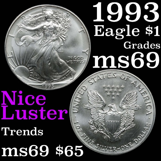 1993 Silver Eagle Dollar $1 Grades ms69