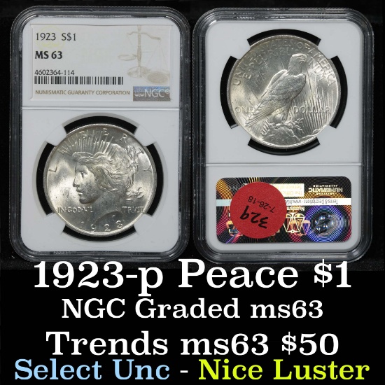 NGC 1923-p Peace Dollar $1 Graded ms63 By NGC
