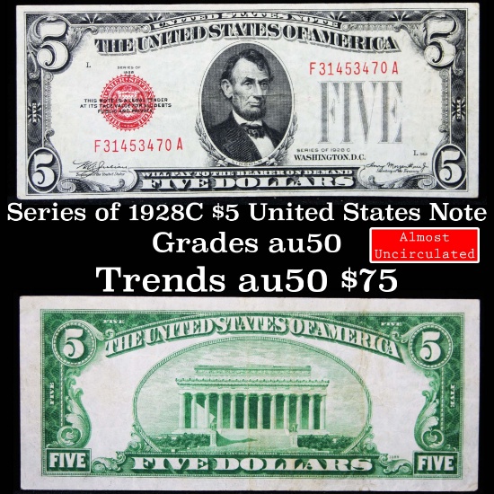 1928C $5 Red Seal United States Note Grades AU, Almost Unc