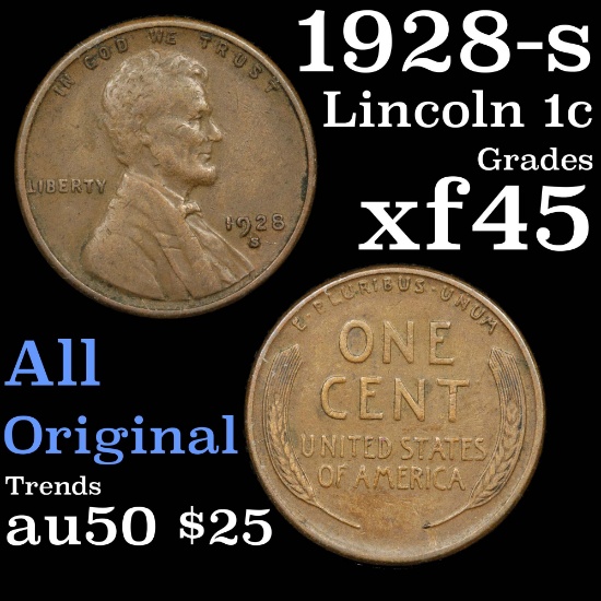 1928-s Lincoln Cent 1c Grades xf+