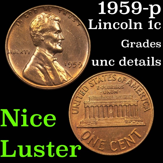 1959-p Lincoln Cent 1c Grades Unc Details
