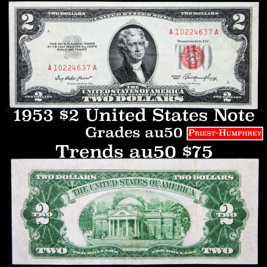 1953 $2 Red Seal United States Note Grades aU, Almost Unc