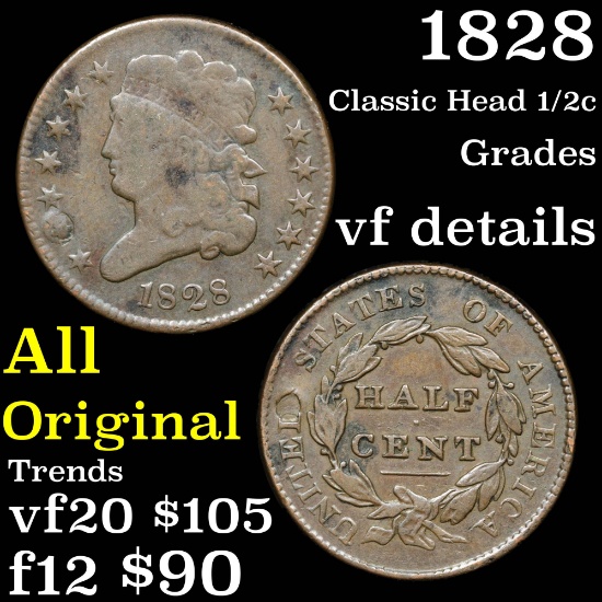 1828 Classic Head half cent 1/2c Grades vf details