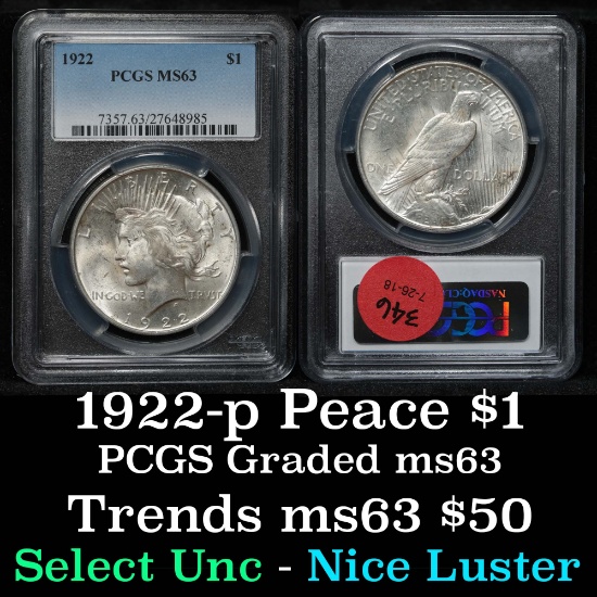 PCGS 1922-p Peace Dollar $1 Graded ms63 By PCGS