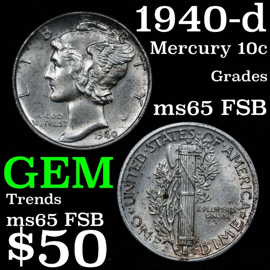 1940-d Mercury Dime 10c Grades GEM FSB