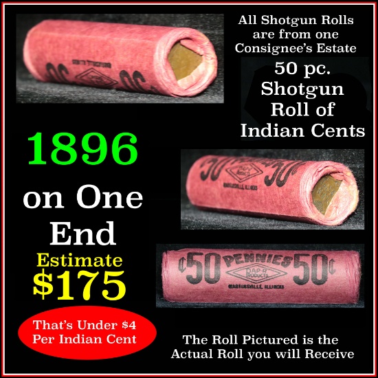 Indian Head Penny 1c Shotgun Roll, 1896 on one end, reverse on the other