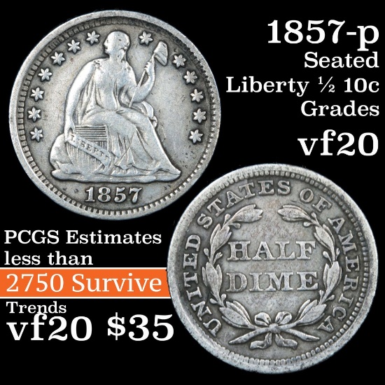 1857-p Seated Liberty Half Dime 1/2 10c Grades vf, very fine