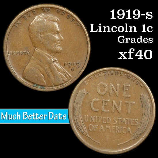 1919-s Lincoln Cent 1c Grades xf