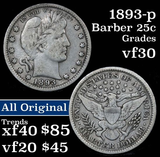 1893-p Barber Quarter 25c Grades vf++