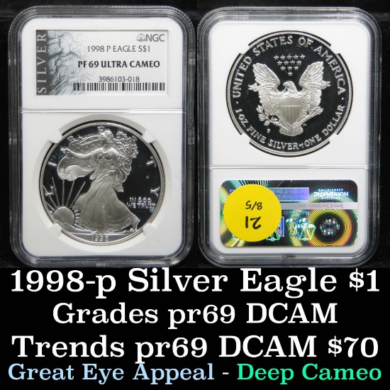 NGC 1998-p Silver Eagle Dollar $1 Graded pr69 DCAM By NGC