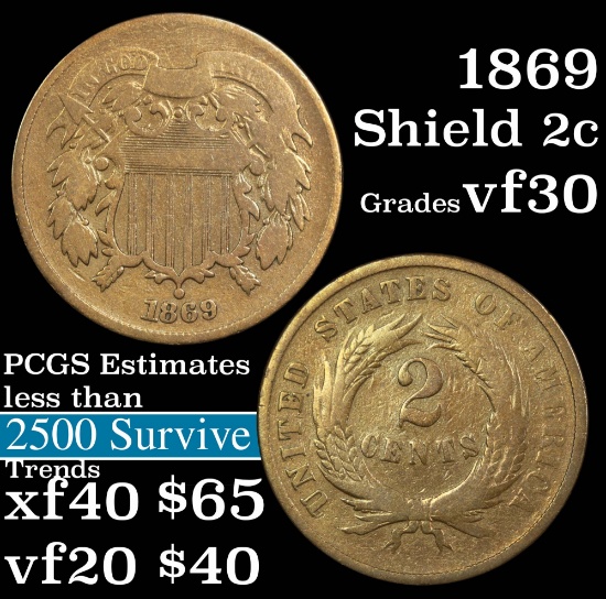 1869 2 Cent Piece 2c Grades vf++