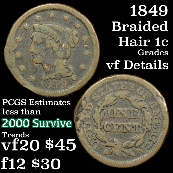 1849 Braided Hair Large Cent 1c Grades vf details