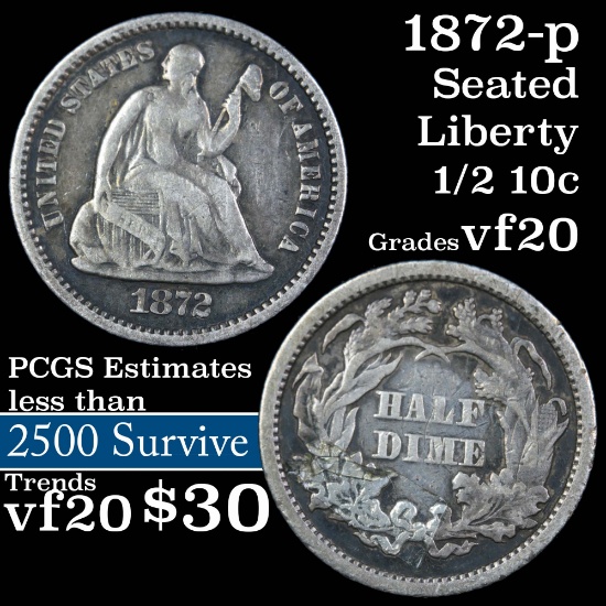 1872-p Seated Liberty Half Dime 1/2 10c Grades vf, very fine