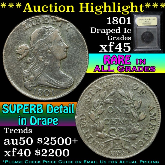 ***Auction Highlight*** 1801 Draped Bust Large Cent 1c Graded xf+ By USCG (fc)