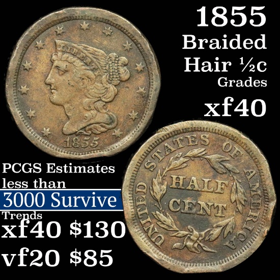 1855 Braided Hair Half Cent 1/2c Grades xf