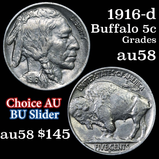 1916-d Buffalo Nickel 5c Grades Choice AU/BU Slider