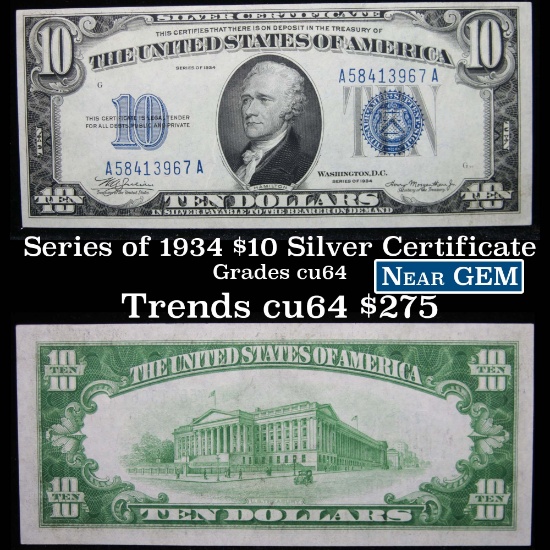 1934 $10 Blue Seal Silver Certificate Signatures Julian/Morgenthau Grades Choice CU