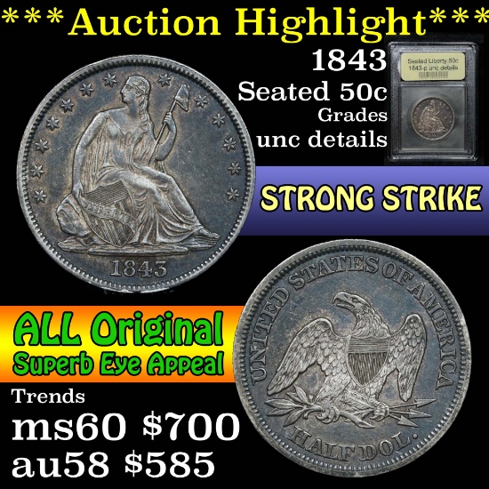 ***Auction Highlight*** 1843-p Seated Half Dollar 50c Graded Unc Details By USCG (fc)
