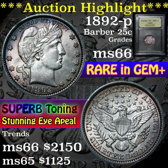 ***Auction Highlight*** 1892-p Barber Quarter 25c Graded GEM+ Unc By USCG (fc)