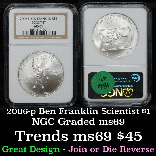 NGC 2006-p ben franklin scientist Modern Commem Dollar $1 Graded ms69 By NGC