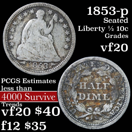 1853-p Seated Liberty Half Dime 1/2 10c Grades vf, very fine