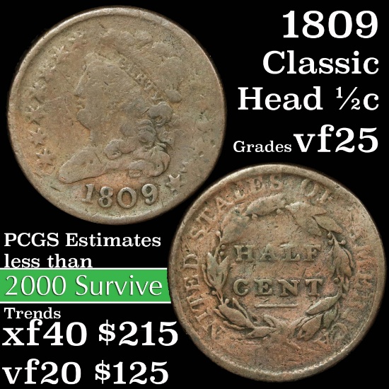 1809 Classic Head half cent 1/2c Grades vf+