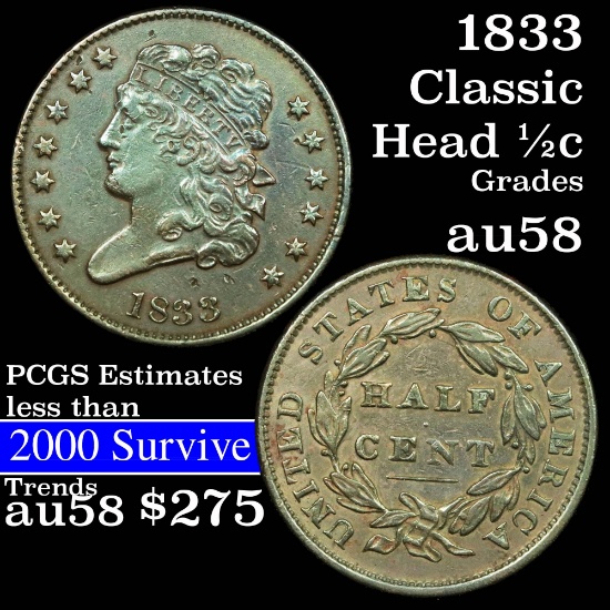 1833 Classic Head half cent 1/2c Grades Select AU