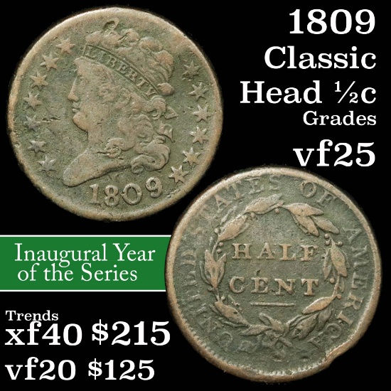 1809 Classic Head half cent 1/2c Grades vf+