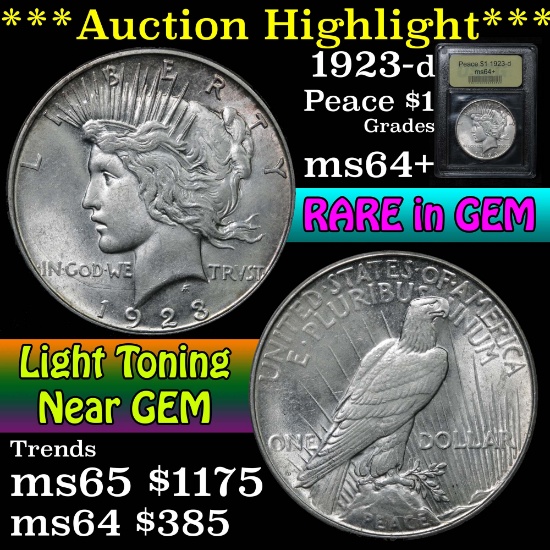 ***Auction Highlight*** 1923-d Peace Dollar $1 Graded Choice+ Unc By USCG (fc)