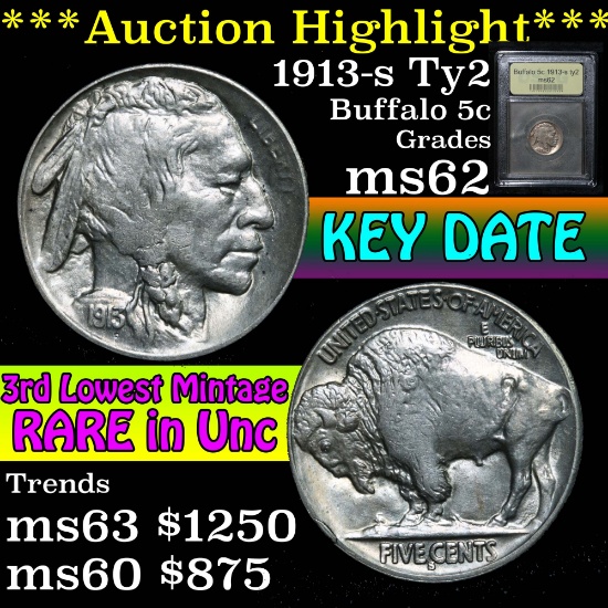 ***Auction Highlight*** 1913-s ty2 Buffalo Nickel 5c Graded Select Unc By USCG (fc)