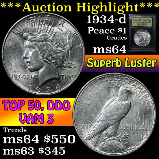 ***Auction Highlight*** 1934-d Top 50 DDO, Vam3 Peace Dollar $1 Graded Choice Unc By USCG (fc)