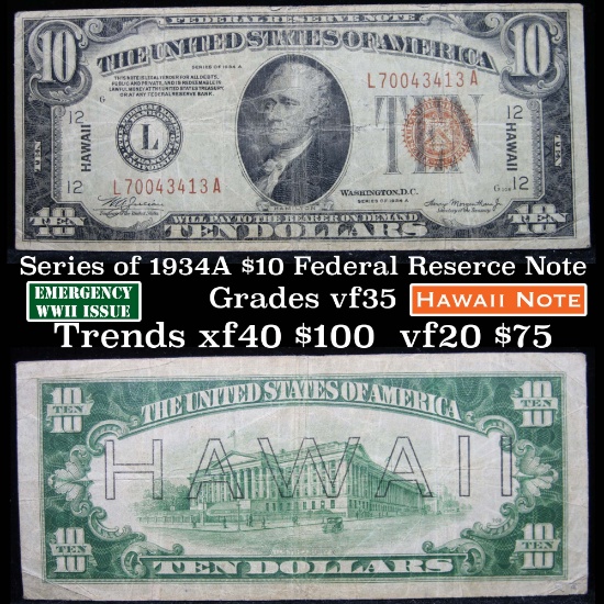 RARE 1934A Ten $10 Dollar Hawaii Federal Reserve Note San Francisco Grades vf++