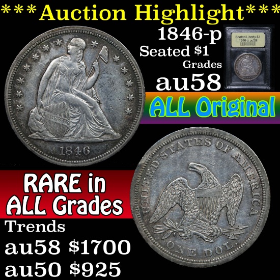 ***Auction Highlight*** 1846-p Seated Liberty Dollar $1 Graded Choice AU/BU Slider By USCG (fc)