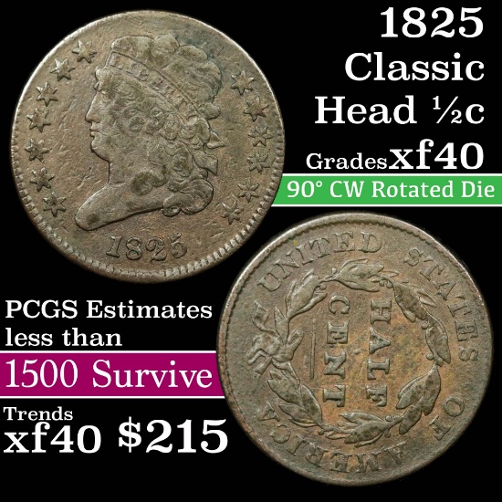 1825 Classic Head half cent 1/2c Grades xf