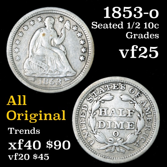 1853-o Seated Liberty Half Dime 1/2 10c Grades vf+