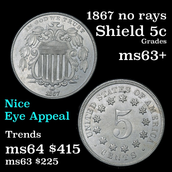 1867 no rays Shield Nickel 5c Grades Select+ Unc