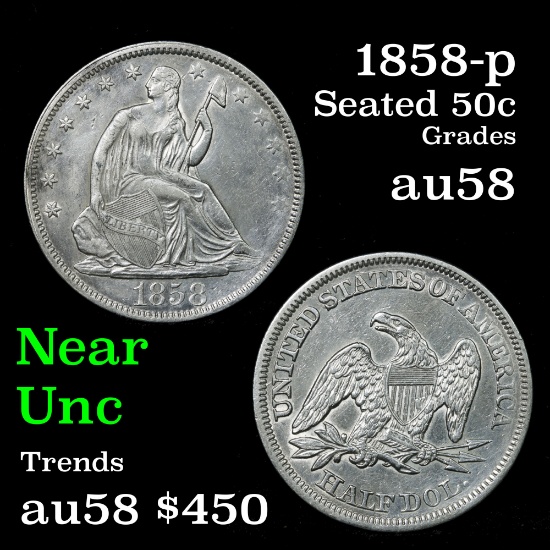 1858-p Seated Half Dollar 50c Grades Choice AU/BU Slider