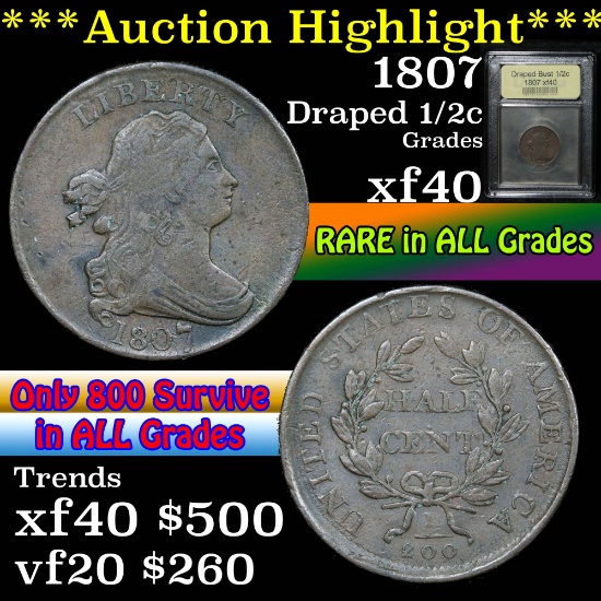 ***Auction Highlight*** 1807 Draped Bust Half Cent 1/2c Graded xf By USCG (fc)