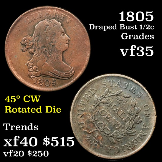 1805 Draped Bust Half Cent 1/2c Grades vf++