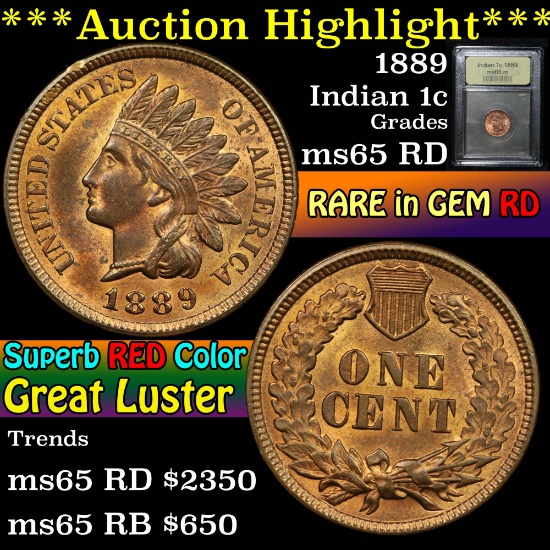 ***Auction Highlight*** 1889 Indian Cent 1c Graded GEM Unc RD By USCG (fc)