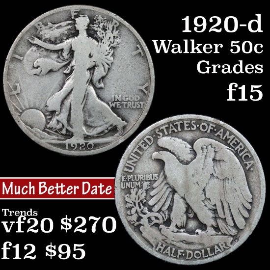 1920-d Walking Liberty Half Dollar 50c Grades f+